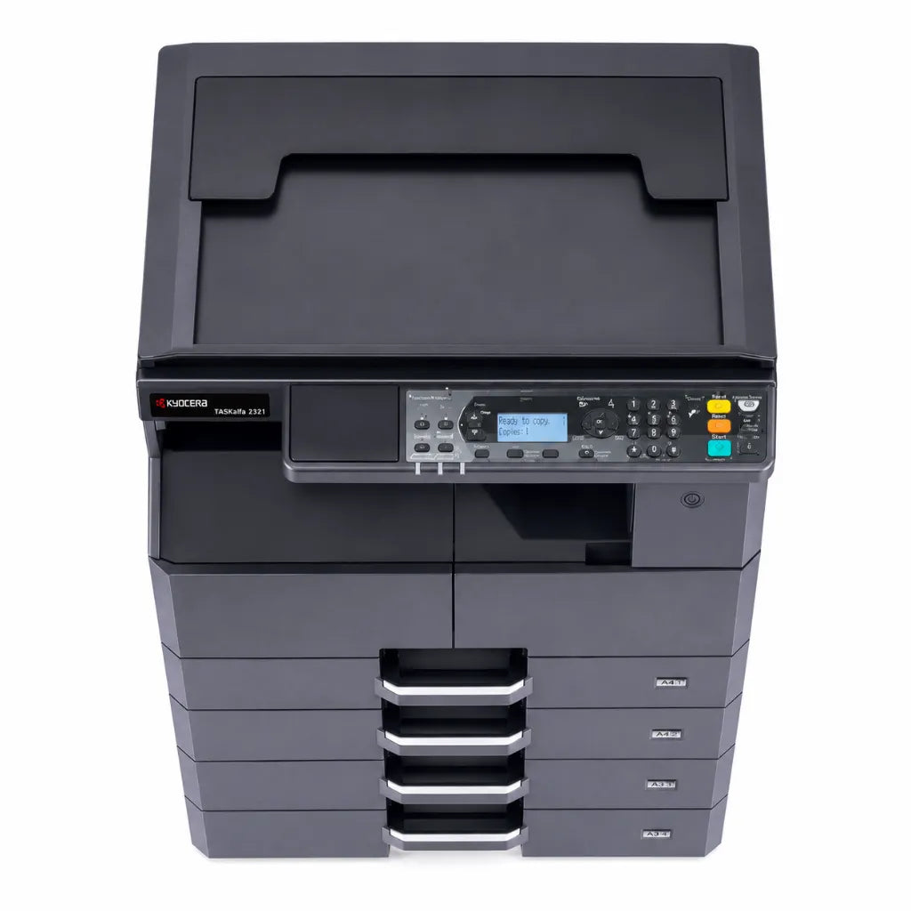 Top view of the KYOCERA TASKalfa 2321 A3 multifunction printer showing the document cover and easy-to-use control panel.