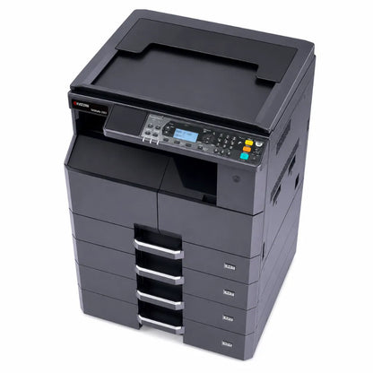 Top left angle view of the KYOCERA TASKalfa 2321 monochrome multifunction printer with integrated control panel and paper trays.