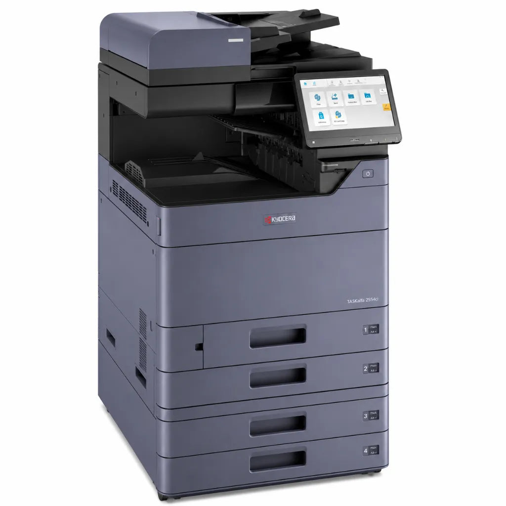 KYOCERA TASKalfa 2554ci multifunction laser printer shown from the left side highlighting paper drawers and business-ready design.