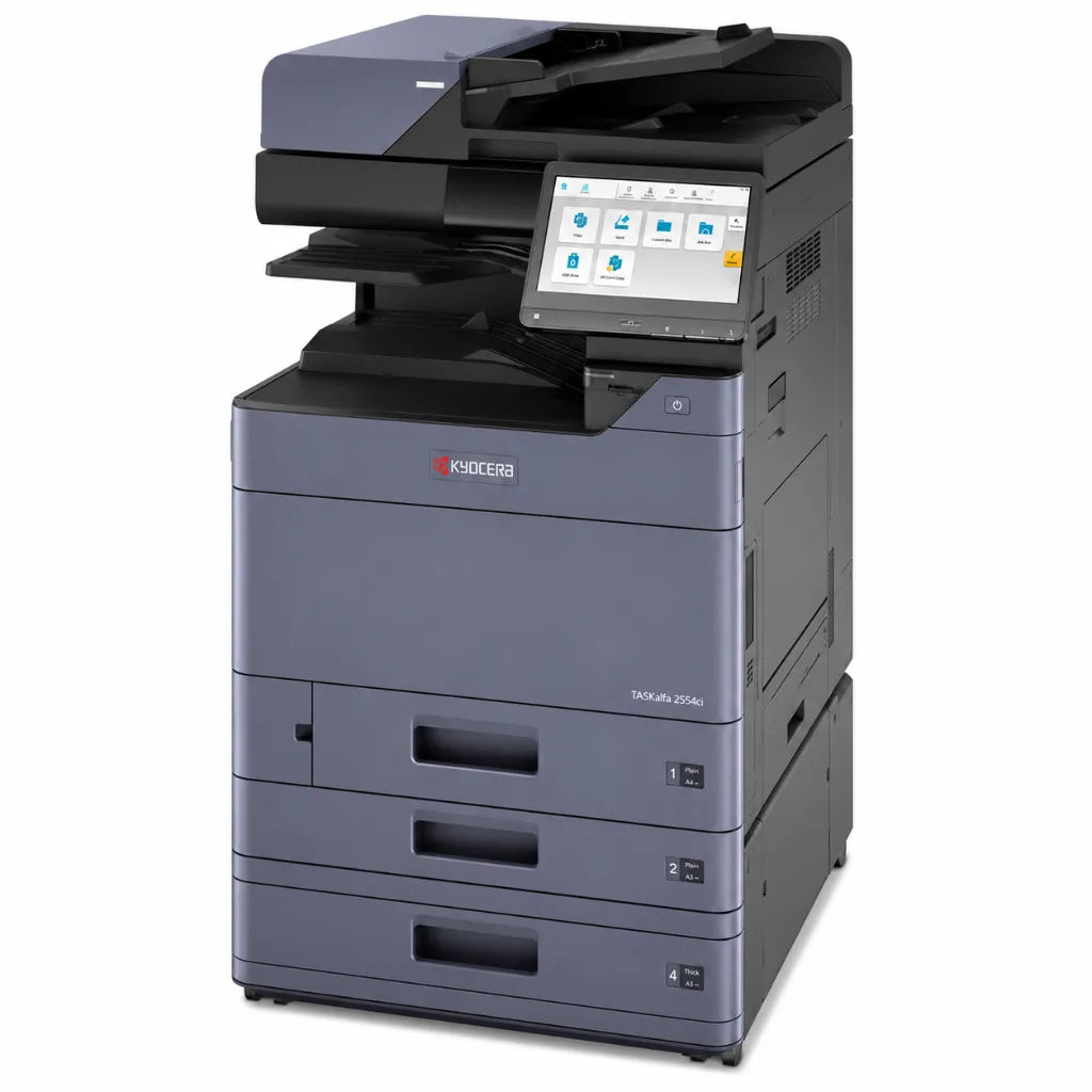 Right front angle view of the KYOCERA TASKalfa 2554ci A3 colour multifunction printer with touchscreen control panel and multiple paper trays.
