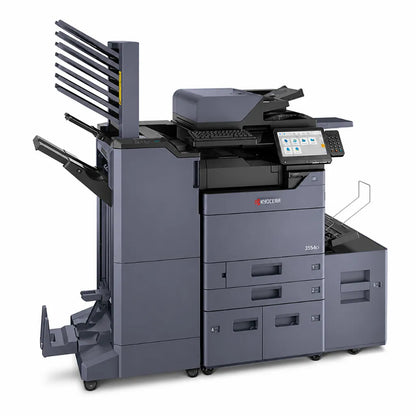 Kyocera TASKalfa 3554ci A3 color multifunction printer front left angle with document finisher and touchscreen control panel.