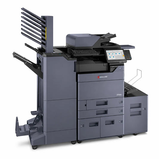 Kyocera TASKalfa 3554ci A3 color multifunction printer front left angle with document finisher and touchscreen control panel.