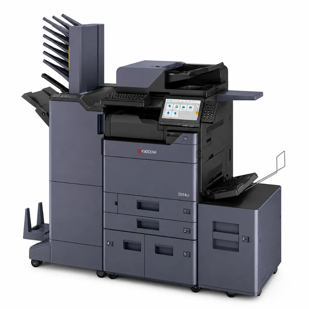 Kyocera TASKalfa 3554ci A3 laser multifunction printer front right view featuring automatic document feeder, paper trays, and finishing unit.