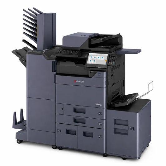 Kyocera TASKalfa 3554ci A3 laser multifunction printer front right view featuring automatic document feeder, paper trays, and finishing unit.