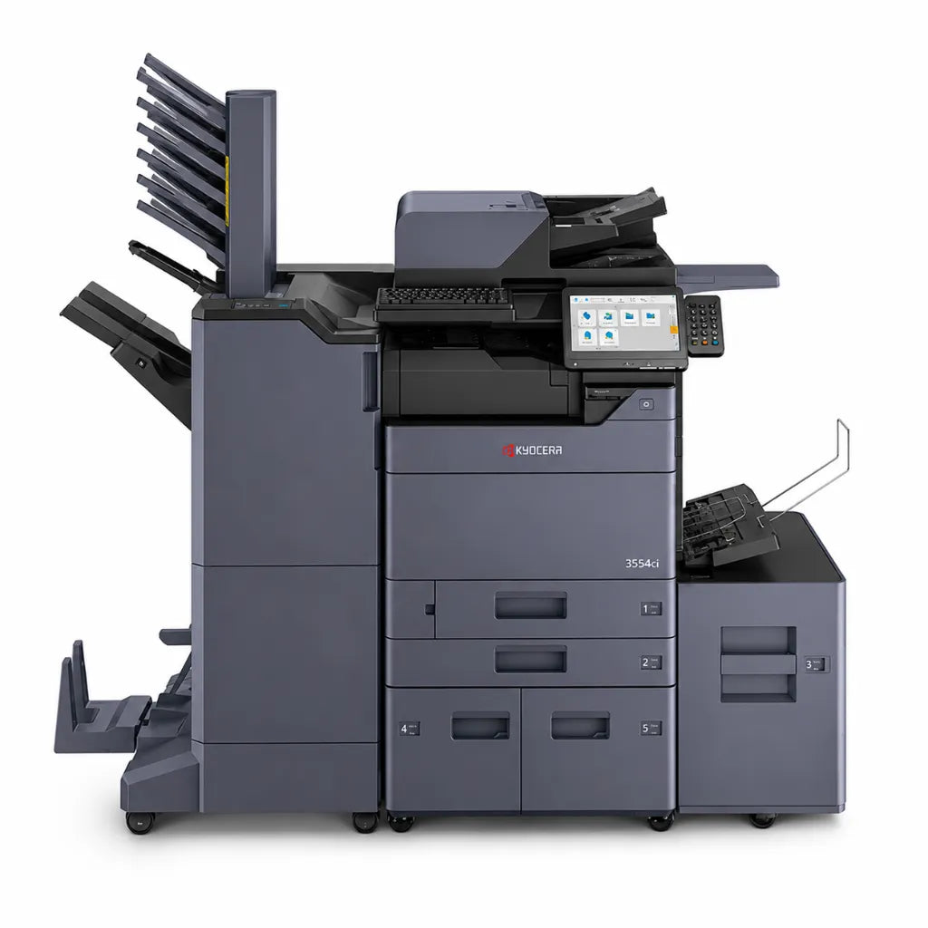 Left side view of Kyocera TASKalfa 3554ci A3 color multifunction printer with integrated finisher and multiple paper drawers.