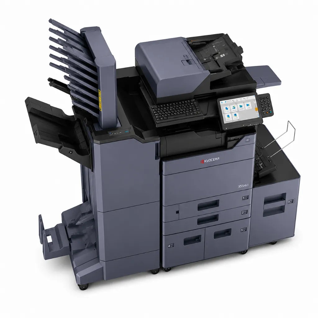 Top front left view of Kyocera TASKalfa 3554ci A3 color multifunction printer with finisher, paper output trays, and touchscreen interface.