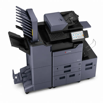 Top front left view of Kyocera TASKalfa 3554ci A3 color multifunction printer with finisher, paper output trays, and touchscreen interface.