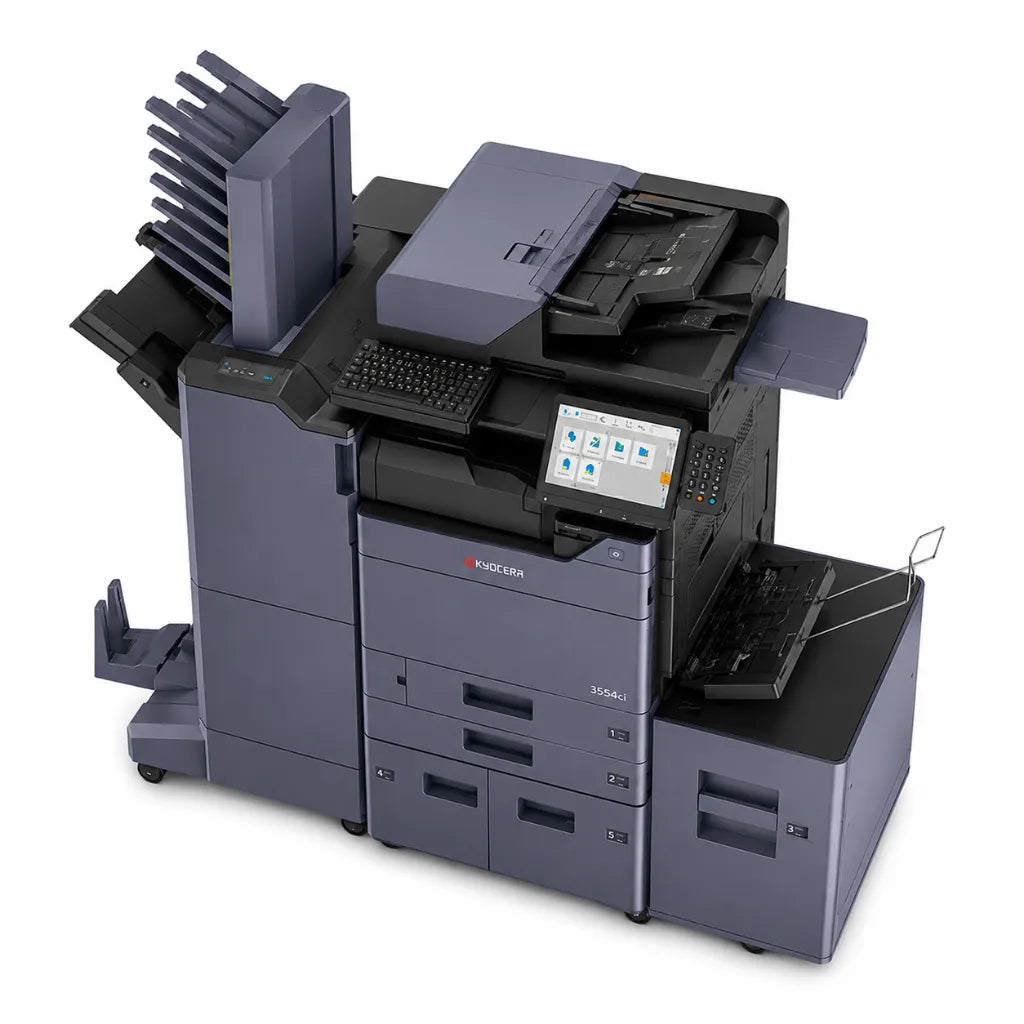 Top front right angle of Kyocera TASKalfa 3554ci office multifunction printer with touchscreen panel, automatic document feeder, and output tray.