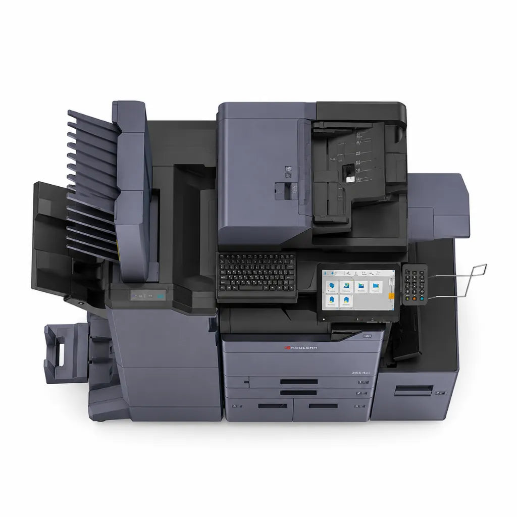 Top view of Kyocera TASKalfa 3554ci multifunction laser printer showing document feeder, touchscreen display, keyboard, and finisher.