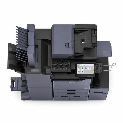 Top view of Kyocera TASKalfa 3554ci multifunction laser printer showing document feeder, touchscreen display, keyboard, and finisher.
