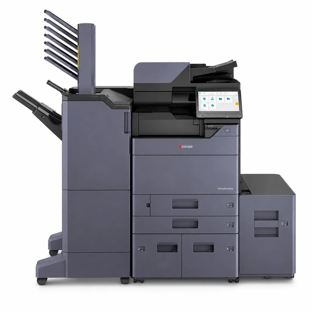 Front view of KYOCERA TASKalfa 5004i A3 monochrome multifunction printer with color touchscreen and high-capacity paper trays.