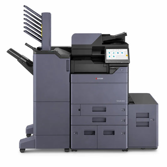 Front view of KYOCERA TASKalfa 5004i A3 monochrome multifunction printer with color touchscreen and high-capacity paper trays.