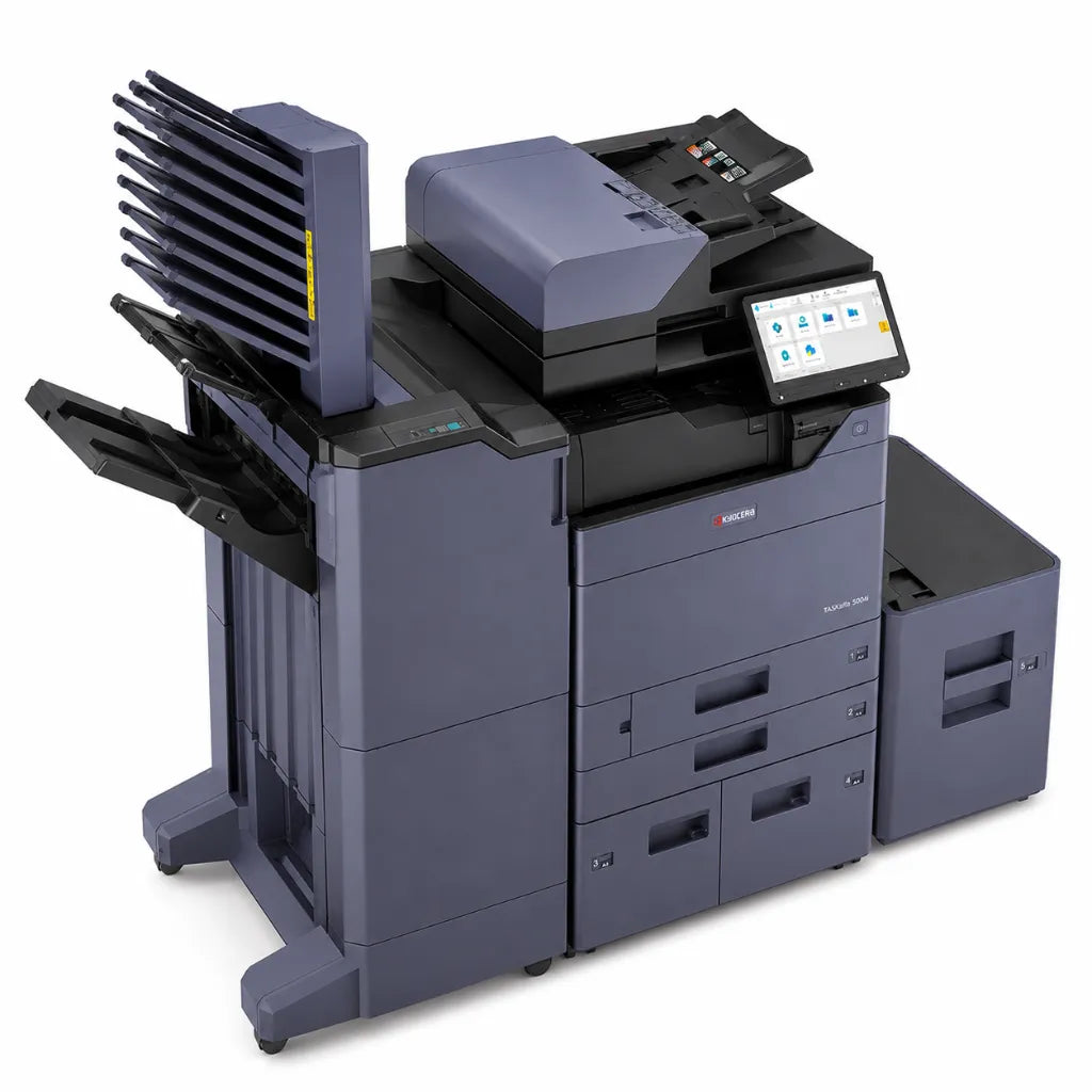 Rear left view of KYOCERA TASKalfa 5004i A3 monochrome multifunction printer with high-capacity paper handling and finishing system.