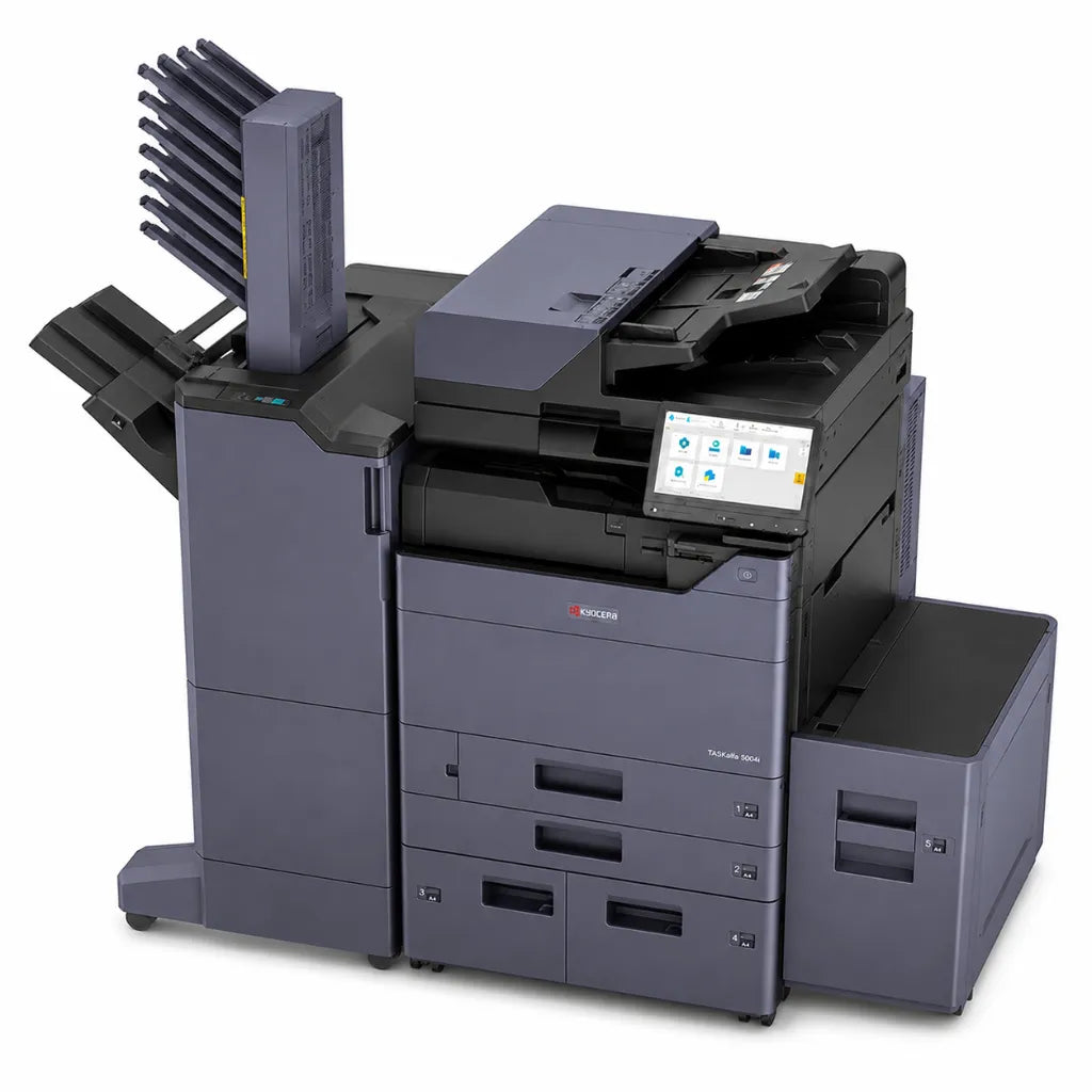 High-angle front view of KYOCERA TASKalfa 5004i monochrome A3 multifunction printer featuring automatic document feeder and output finisher.