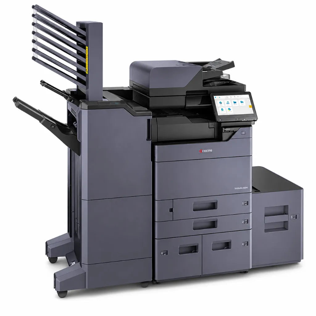 KYOCERA TASKalfa 5004i A3 monochrome multifunction laser printer front left view with touchscreen, document feeder and finisher unit.