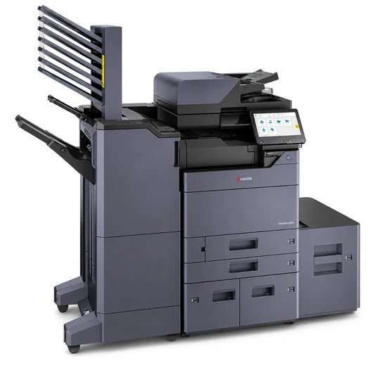 KYOCERA TASKalfa 5004i A3 monochrome multifunction laser printer front left view with touchscreen, document feeder and finisher unit.