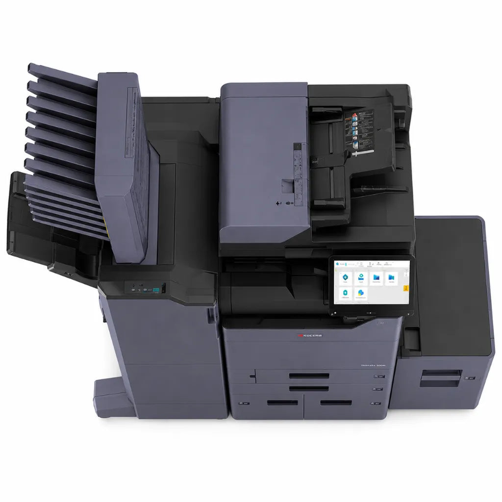 Top view of KYOCERA TASKalfa 5004i A3 monochrome multifunction laser printer showing automatic document feeder, touchscreen and finisher.