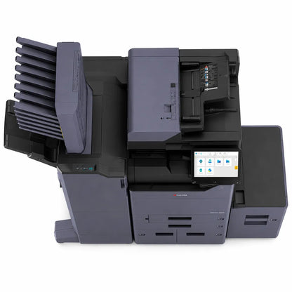Top view of KYOCERA TASKalfa 5004i A3 monochrome multifunction laser printer showing automatic document feeder, touchscreen and finisher.
