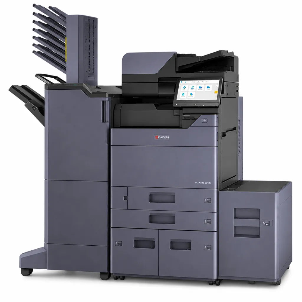 Front right angle of KYOCERA TASKalfa 5004i A3 office multifunction laser printer with integrated finisher and touchscreen display.