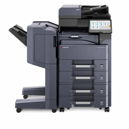 Kyocera TASKalfa MZ4000i A3 monochrome multifunction printer front view with touchscreen control panel and four paper trays.
