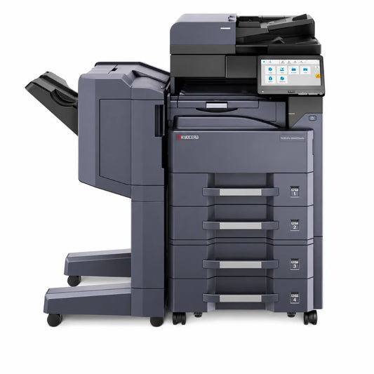 Kyocera TASKalfa MZ4000i A3 monochrome multifunction printer front view with touchscreen control panel and four paper trays.