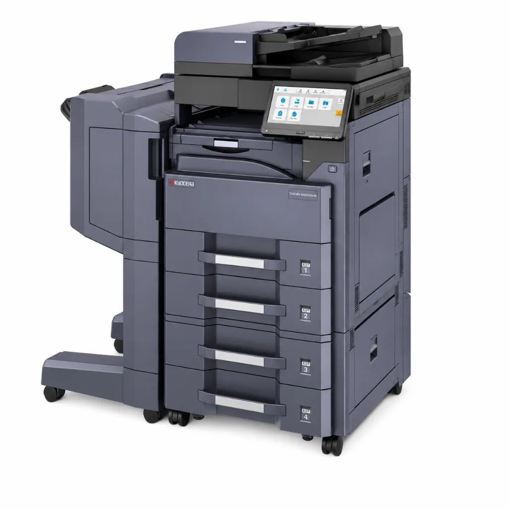 Right front angle view of the Kyocera TASKalfa MZ4000i office multifunction printer featuring touchscreen display and paper drawers.