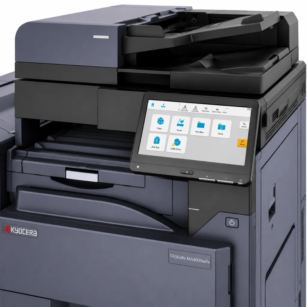 Close-up of the Kyocera TASKalfa MZ4000i touchscreen control panel with multifunction print, copy and scan interface.