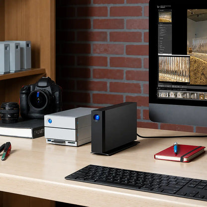 LaCie d2 Professional 10TB external hard drive on a desktop workspace with creative equipment-tpstech.in