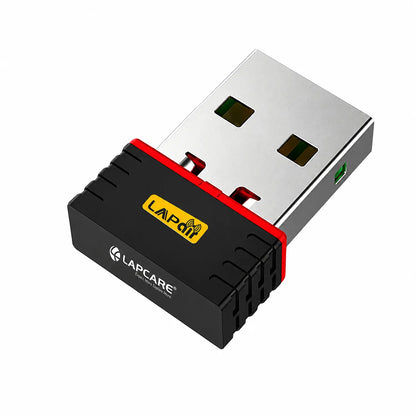 Lapcare 150Mbps Nano USB 2.0 WiFi Adapter LWD-150 angled view showcasing compact design and Lap-Air branding -tpstech.in