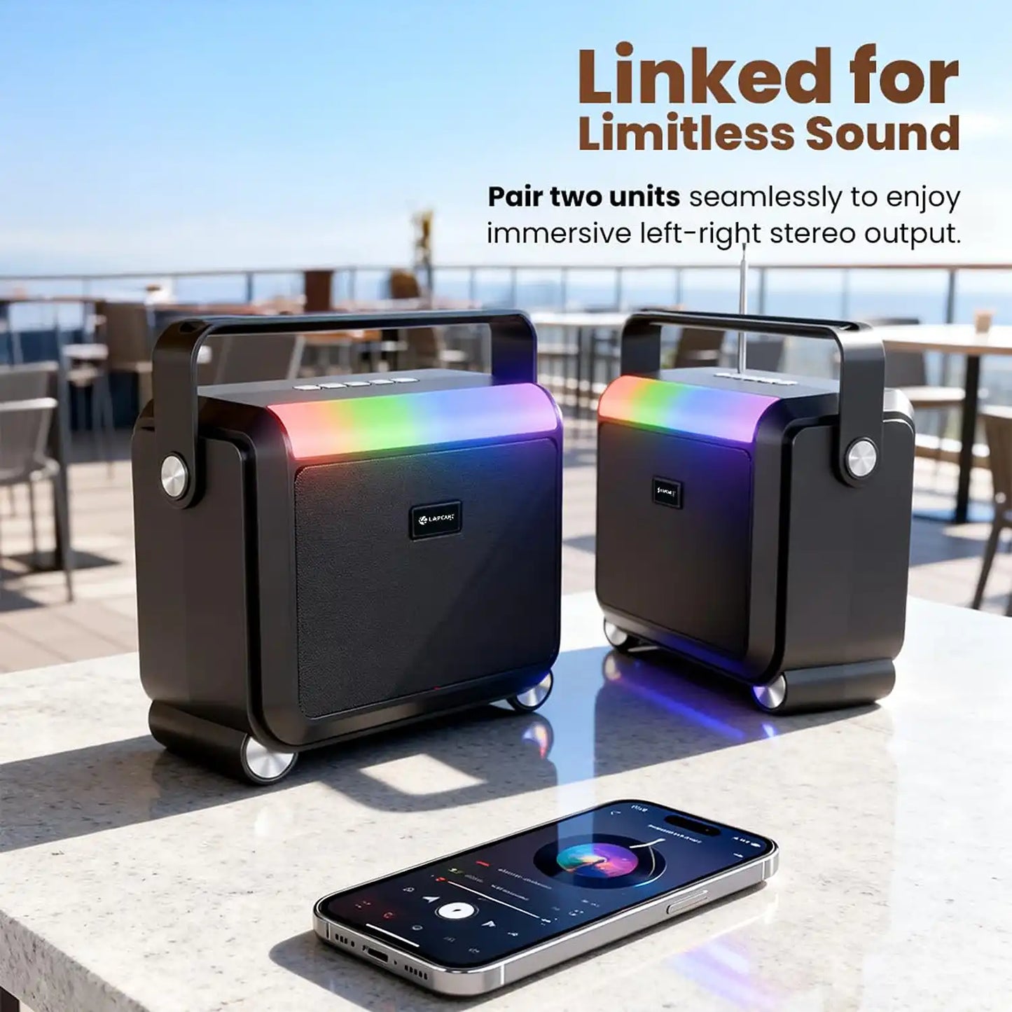 Lapcare Aster 20W Bluetooth Party Speaker with dual stereo pairing and RGB lights connected to smartphone -tpstech.in