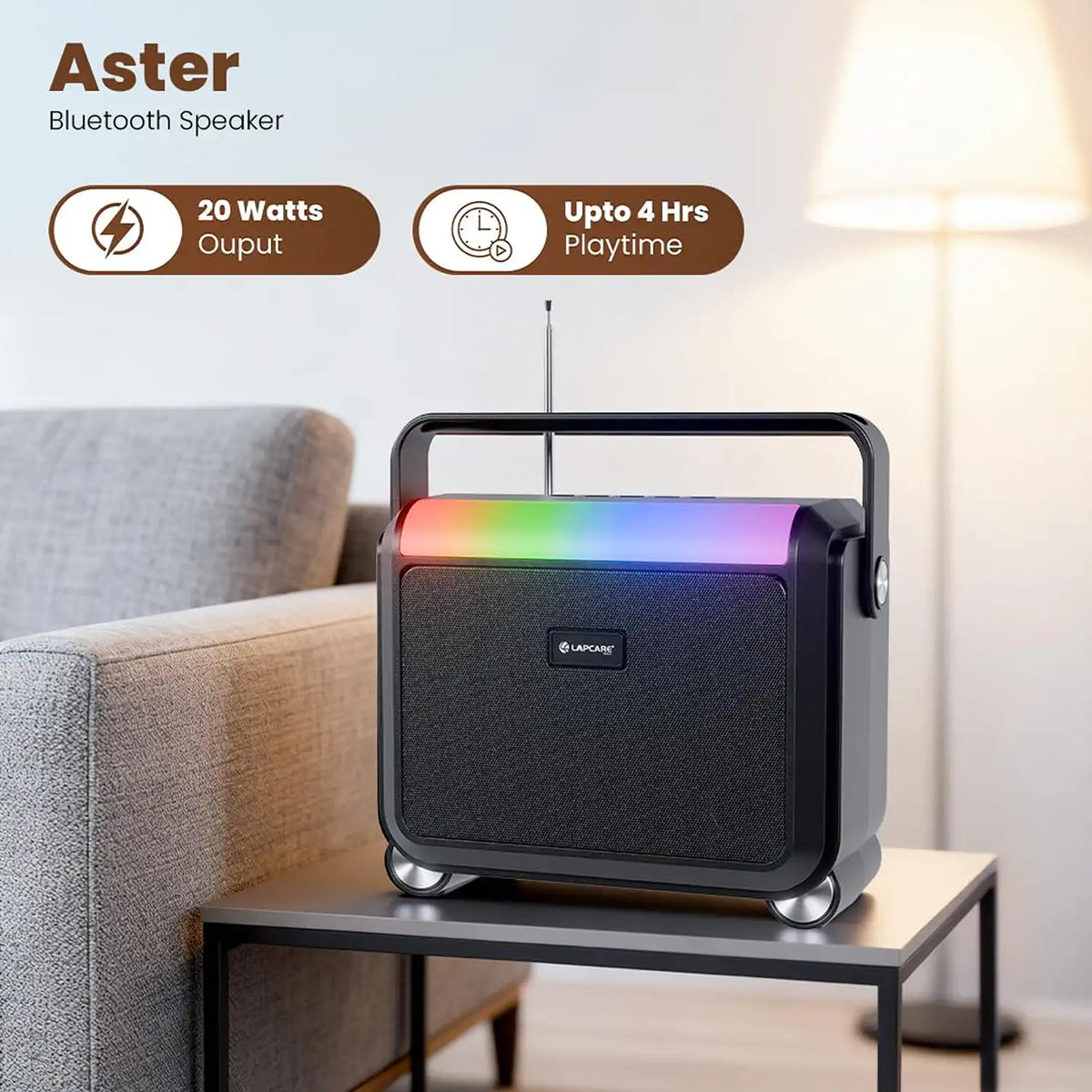 Lapcare Aster 20W portable Bluetooth speaker with 4 hours playtime and RGB lights on living room table -tpstech.in