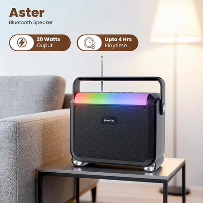 Lapcare Aster 20W portable Bluetooth speaker with 4 hours playtime and RGB lights on living room table -tpstech.in