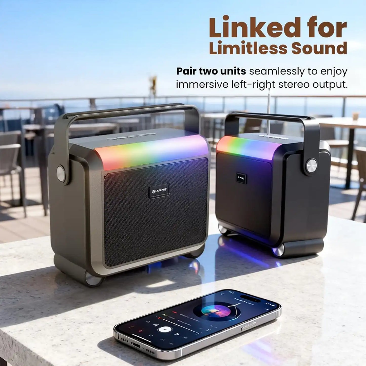 Lapcare Aster LBS-201 20W party speakers paired wirelessly for left-right stereo sound with smartphone -tpstech.in