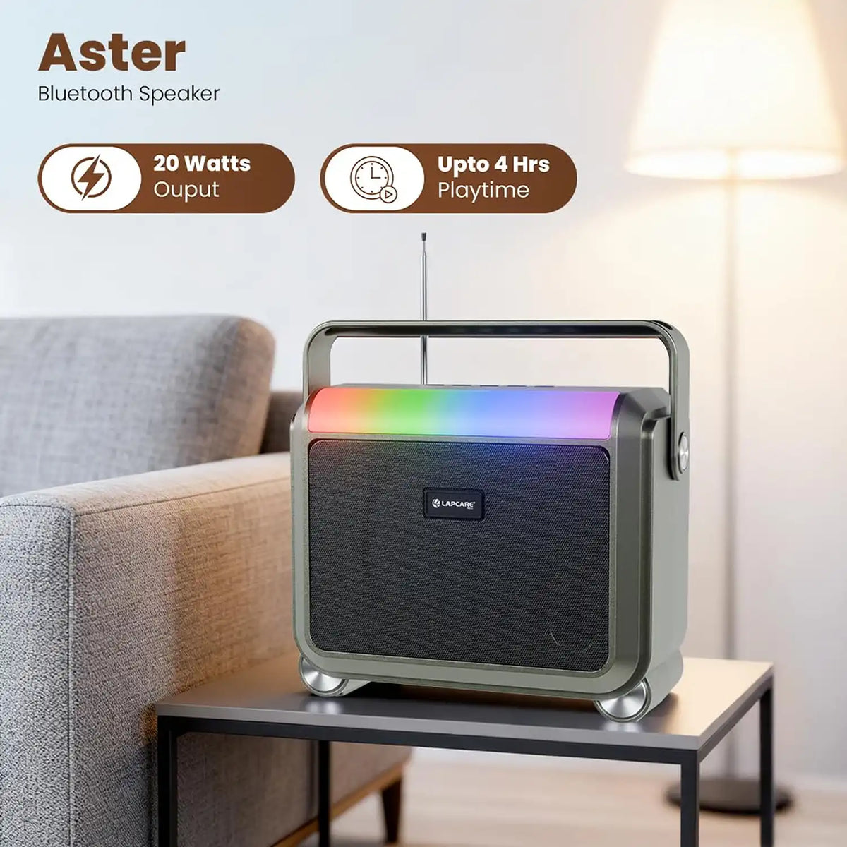 Lapcare Aster LBS-201 20W portable Bluetooth speaker featuring 4 hours playtime and RGB lights on side table -tpstech.in