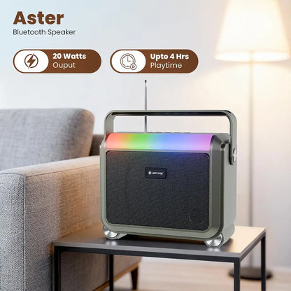 Lapcare Aster LBS-201 20W portable Bluetooth speaker featuring 4 hours playtime and RGB lights on side table -tpstech.in