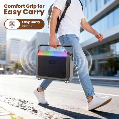 Person carrying Lapcare Aster LBS-201 20W portable Bluetooth speaker with comfort grip handle outdoors -tpstech.in
