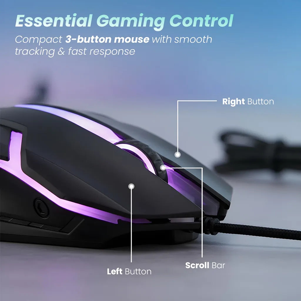 Lapcare Champ LOX-510 1200 DPI Wired Gaming Mouse with RGB Breathing Lights featuring 3-button control, scroll wheel and ergonomic design -tpstech.in