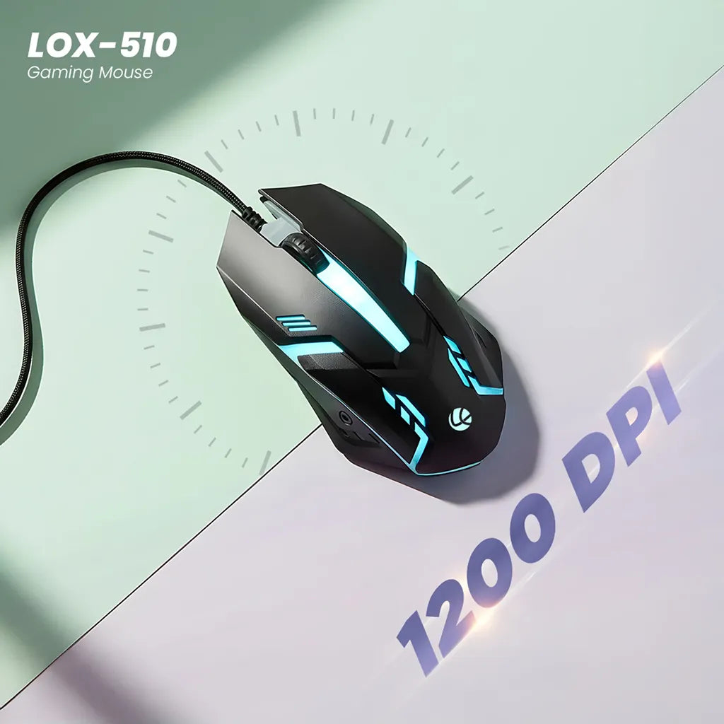Lapcare Champ LOX-510 1200 DPI Wired Gaming Mouse with RGB Breathing Lights offering precise tracking and responsive performance for everyday gaming -tpstech.in