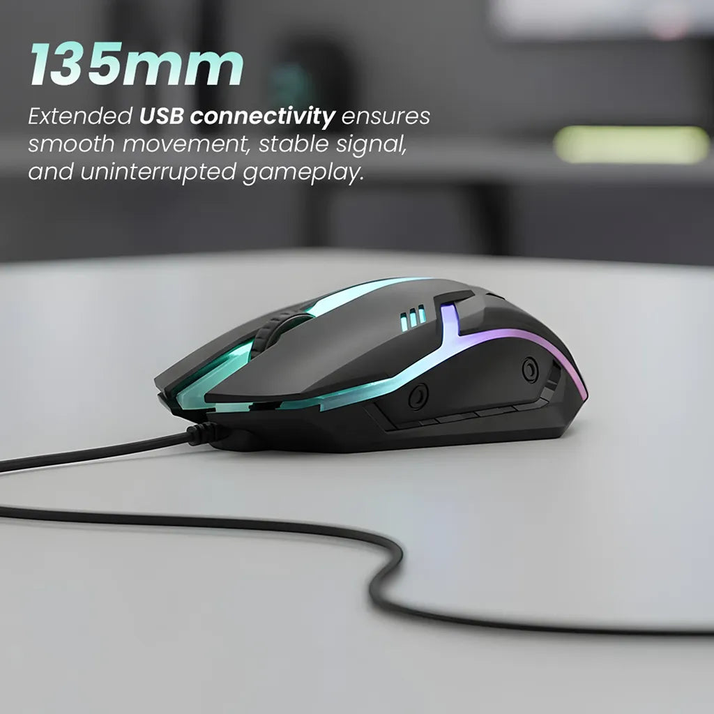 Lapcare Champ LOX-510 1200 DPI Wired Gaming Mouse with RGB Breathing Lights featuring extended USB connectivity for smooth and stable gaming performance -tpstech.in