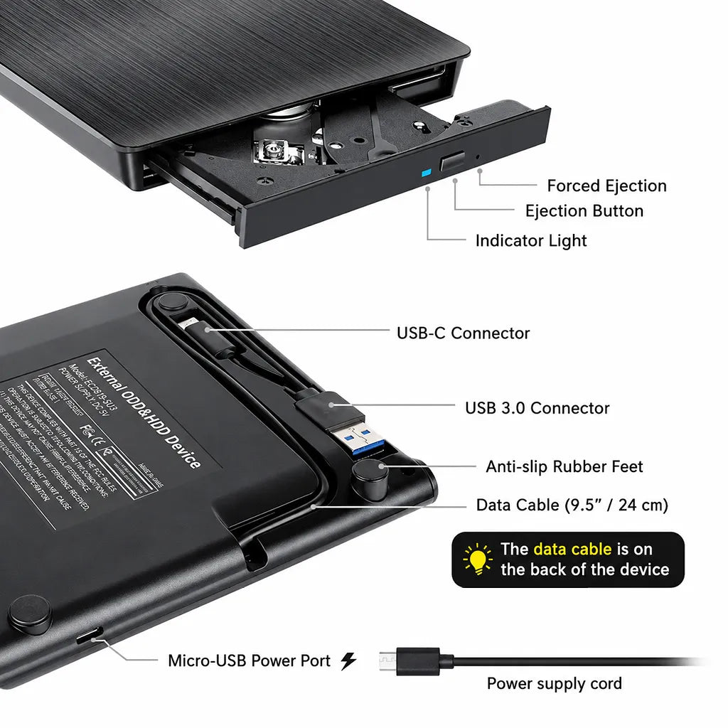 Lapcare Cruz LDW 009 USB 3.0 Type C External DVD Writer showing tray mechanism, USB-C connector, USB 3.0 connector and bottom features -tpstech.in