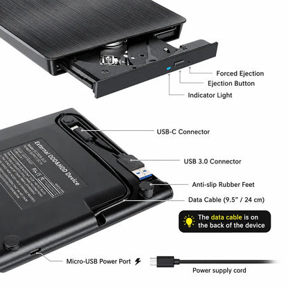 Lapcare Cruz LDW 009 USB 3.0 Type C External DVD Writer showing tray mechanism, USB-C connector, USB 3.0 connector and bottom features -tpstech.in