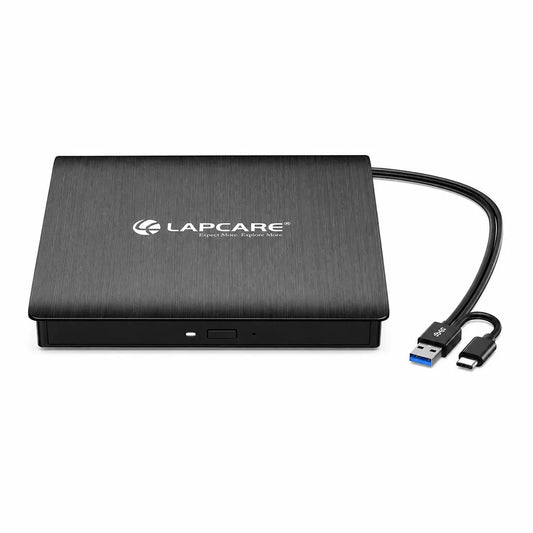 Lapcare Cruz LDW 009 USB 3.0 Type C External DVD Writer front view with integrated USB-A and USB-C cable -tpstech.in