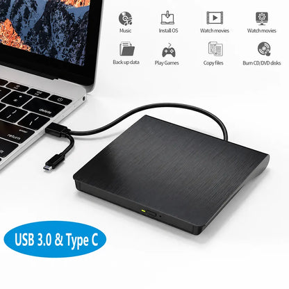 Lapcare Cruz LDW 009 USB 3.0 Type C External DVD Writer connected to a laptop for multimedia and data transfer -tpstech.in