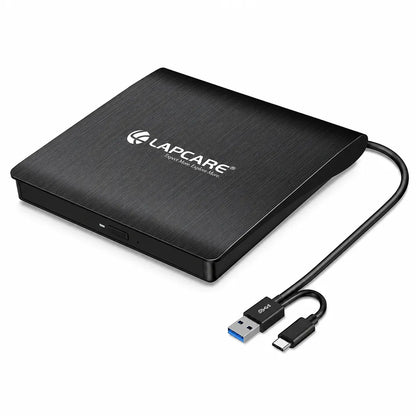 Lapcare Cruz LDW 009 USB 3.0 Type C External DVD Writer main product image with integrated USB-A and Type-C cable -tpstech.in
