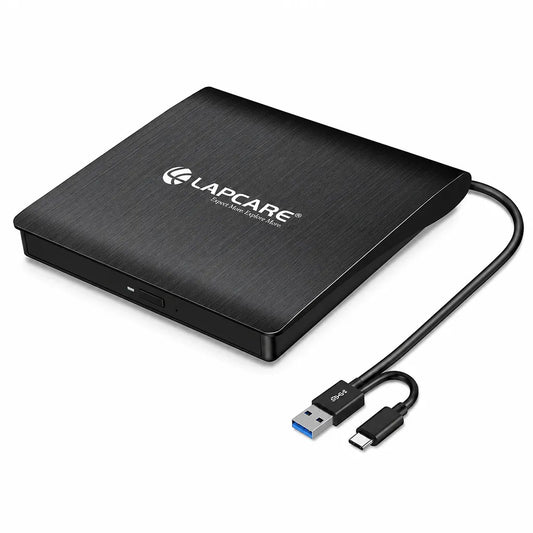 Lapcare Cruz LDW 009 USB 3.0 Type C External DVD Writer main product image with integrated USB-A and Type-C cable -tpstech.in
