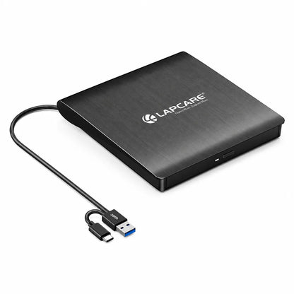 Lapcare Cruz LDW 009 USB 3.0 Type C External DVD Writer opposite angle product view with USB-A and Type-C connectors -tpstech.in