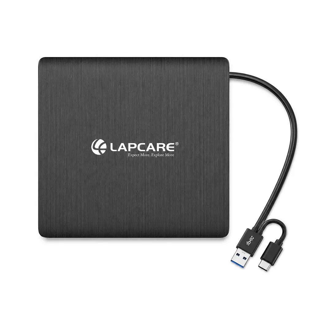 Top view of Lapcare Cruz LDW 009 USB 3.0 Type C External DVD Writer with brushed finish and built-in USB cable -tpstech.in