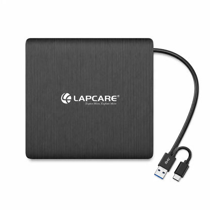 Top view of Lapcare Cruz LDW 009 USB 3.0 Type C External DVD Writer with brushed finish and built-in USB cable -tpstech.in