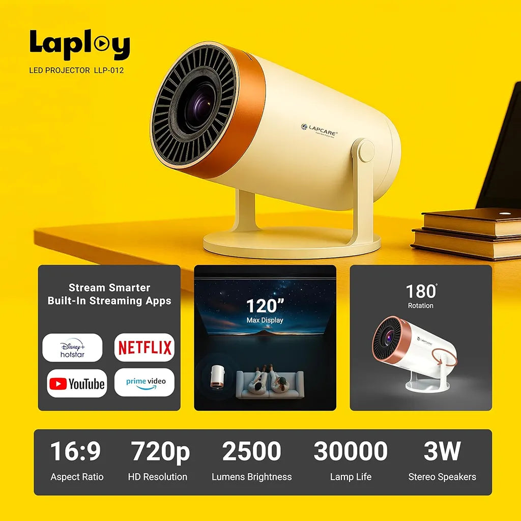 LAPCARE Laplay LLP-012 Smart LED Projector key specifications showing 120-inch max display and 180-degree rotation -tpstech.in
