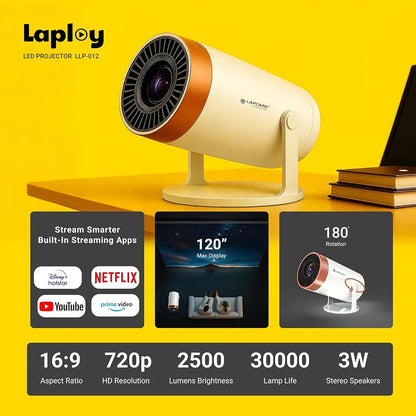 LAPCARE Laplay LLP-012 Smart LED Projector key specifications showing 120-inch max display and 180-degree rotation -tpstech.in